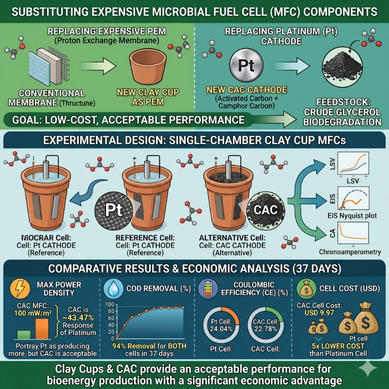 Use of activated carbon and camphor carbon as cathode and clay cup as proton exchange membrane in a microbial fuel cell for the bioenergy production from crude glycerol biodegradation