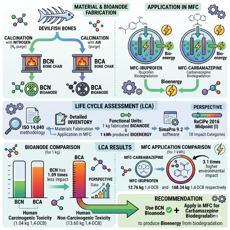 Environmental impacts estimation by life cycle assessment of bioanodes fabricated from devilfish bone chars and their application in microbial fuel cells to produce bioenergy