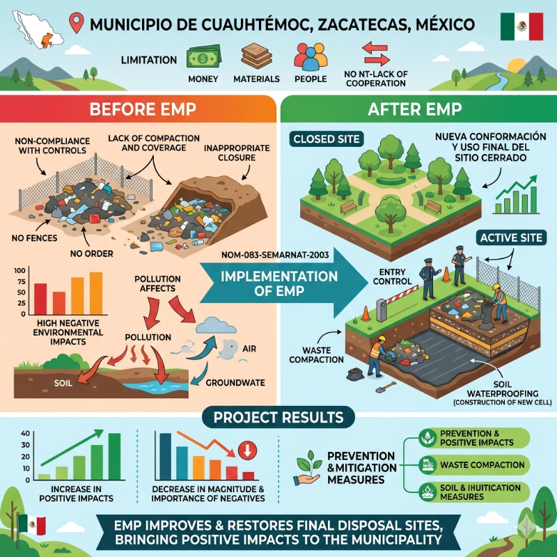Environmental impact assessment before and after implementing mitigation and prevention measures on two final waste disposal sites. Case of study: Zacatecas, Mexico